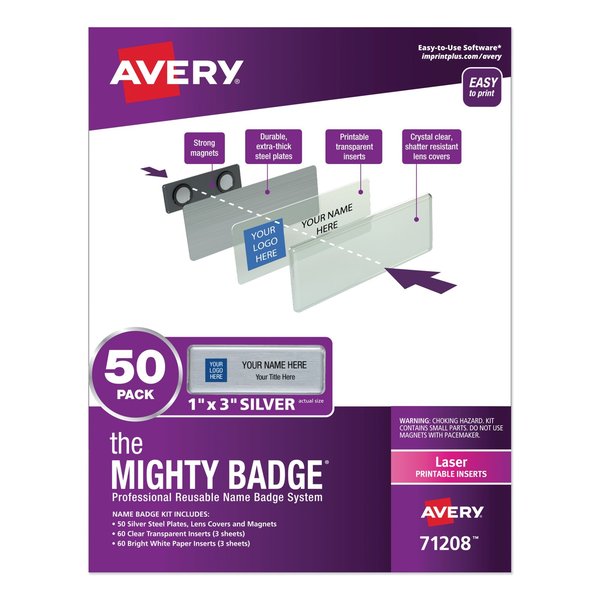 Avery Mighty Badge Name Badge Holder Kit, Horizontal, 3x1, Laser, Slvr, PK50 7771171208
